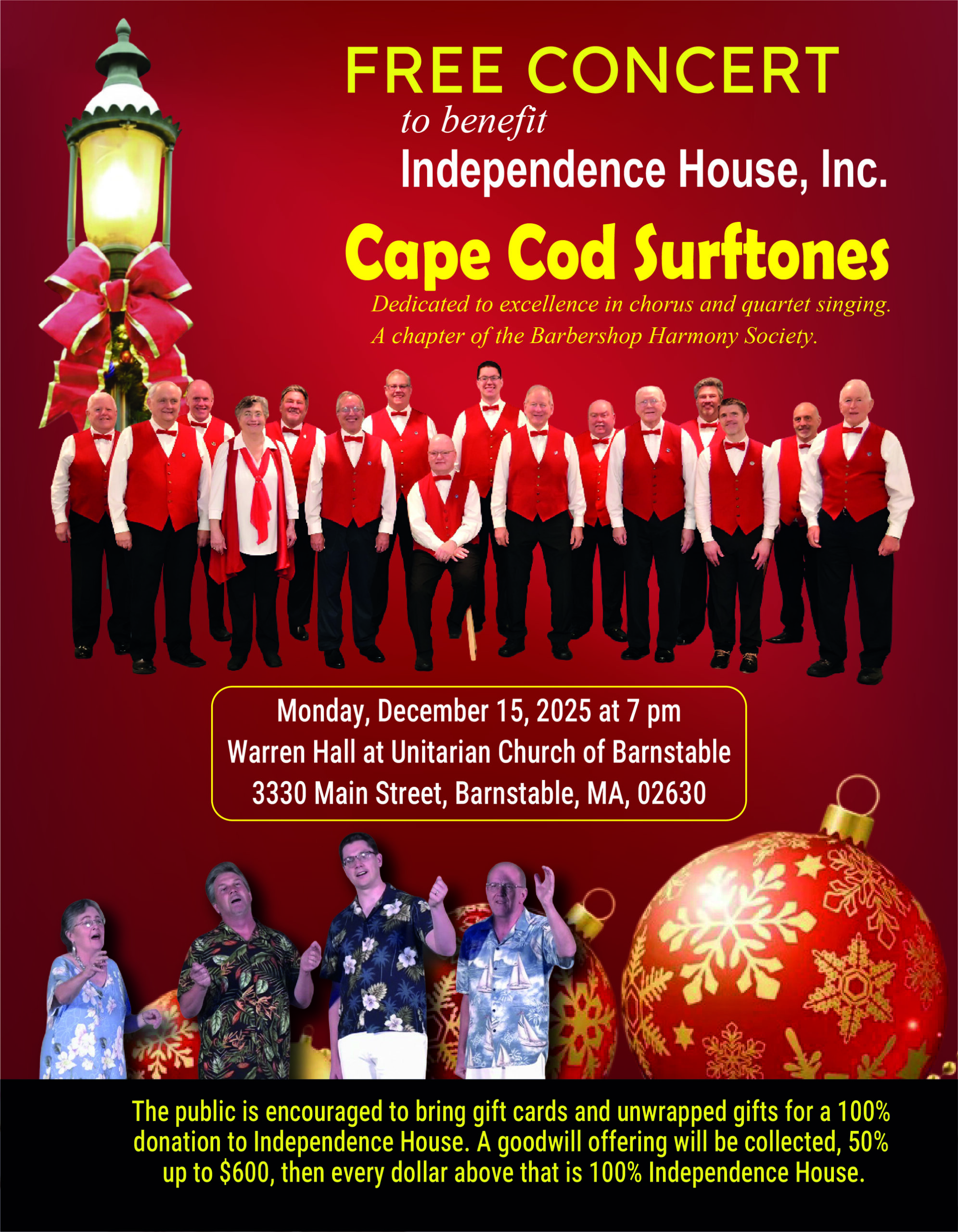 FREE HOLIDAY CONCERT to benefit Independence House, Inc.